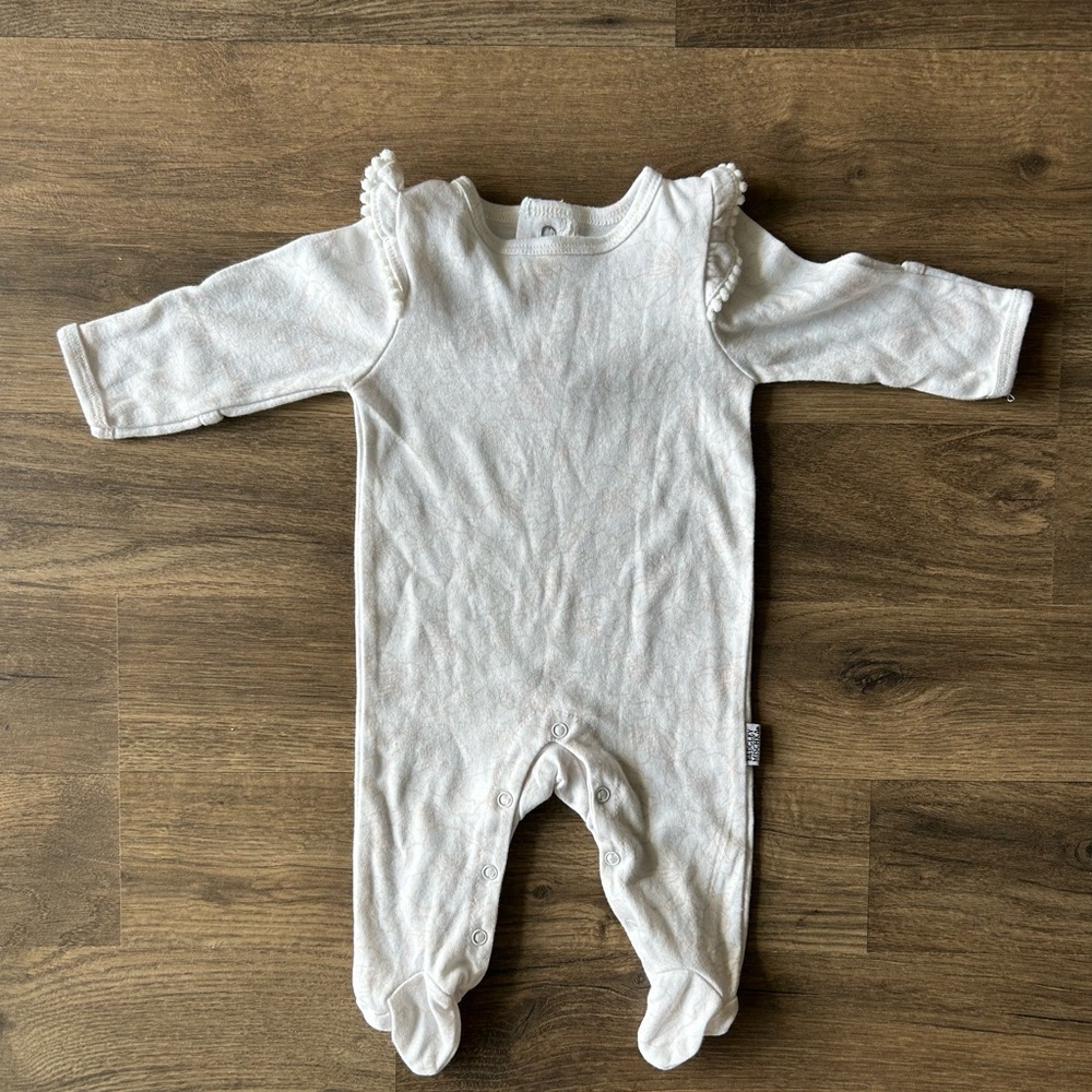 Badgley Mischka Cream Baby Footed One-Piece with Ruffle Shoulders